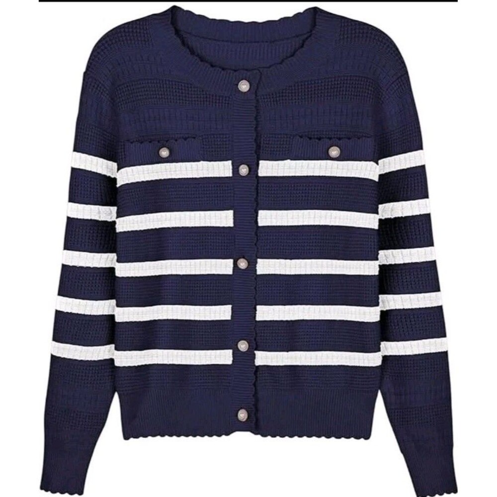 V FOR CITY Womens Small Navy White Cardigan Knit Tweed Jacket‎ Winter Chunky